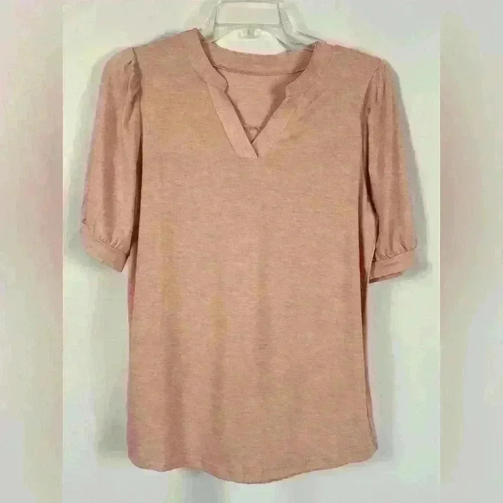 Women's T-Shirt V-Neck Casual Puff Short Sleeve Dressy Top Elegant Blouse - Picture 5 of 5